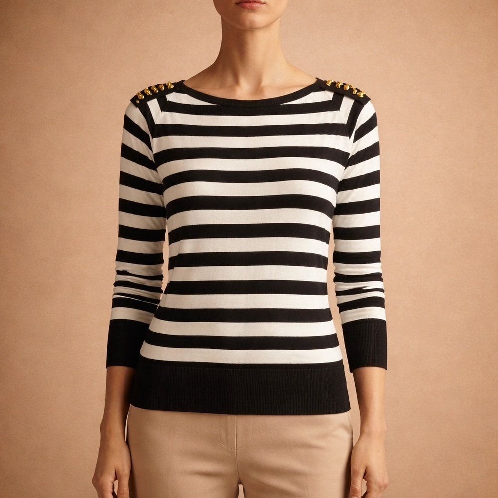Michael Kors Black and White Striped Top with Beige Label